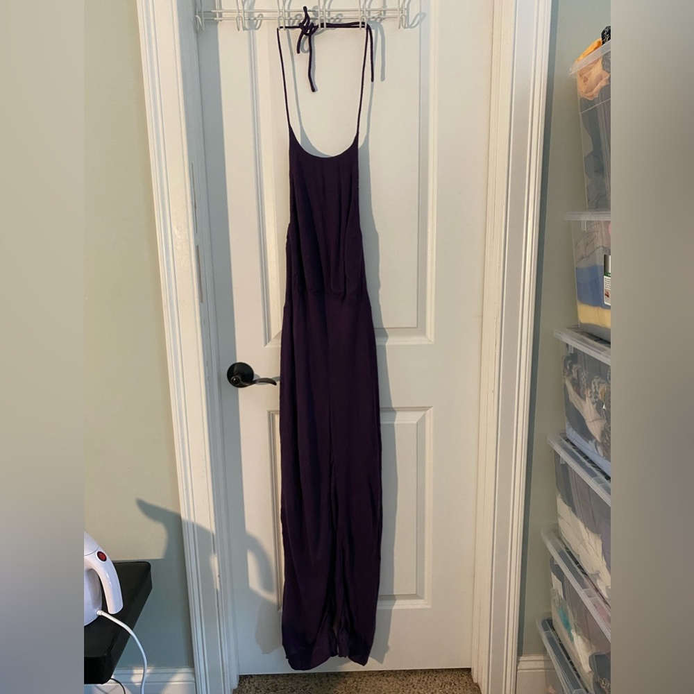 Free People Halter Sleeveless Open Back Maxi Jumpsuit in Deep Plum
